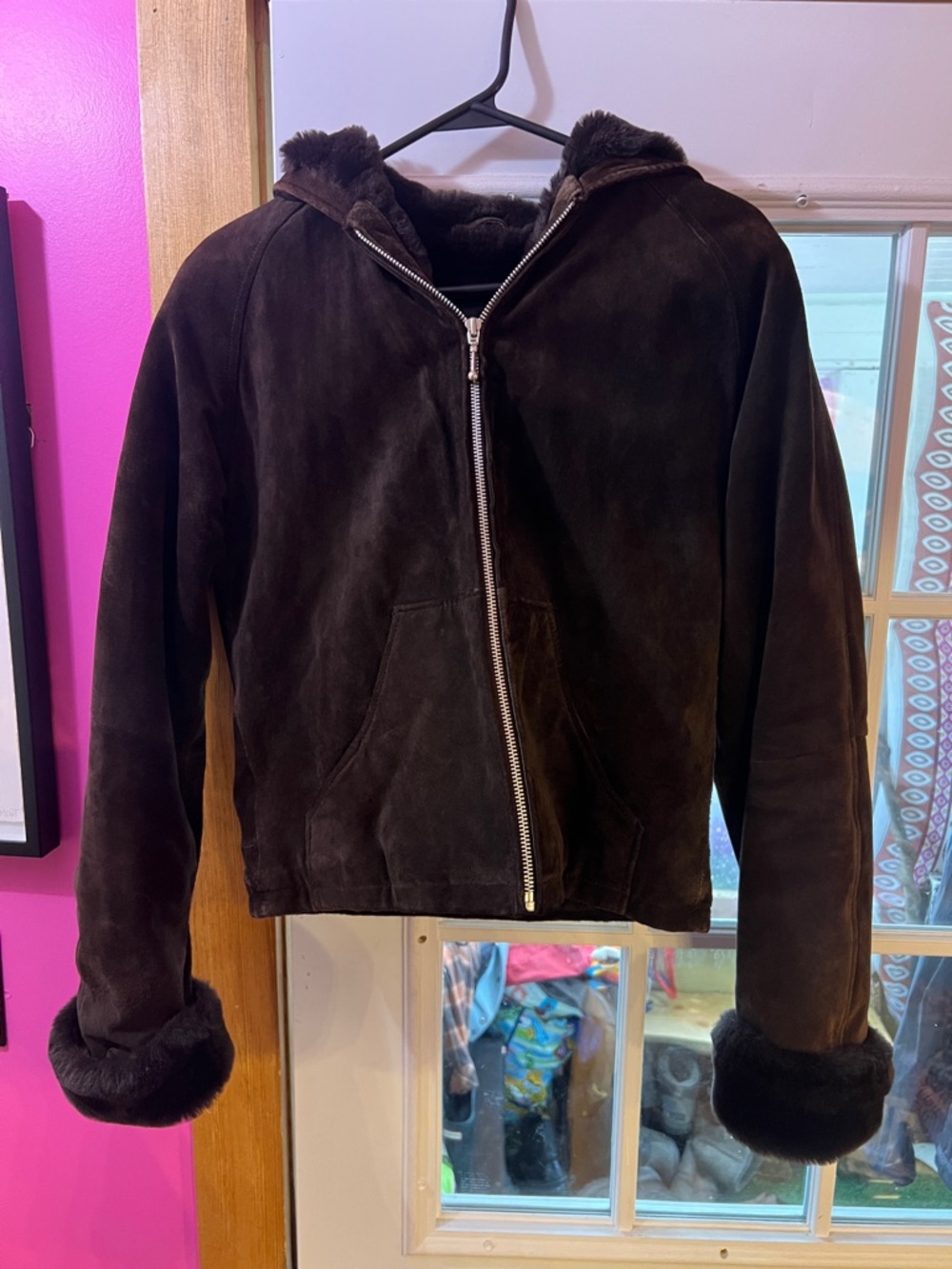 Wilsons Leather Dark Brown Suede Hooded Shearling Jacket